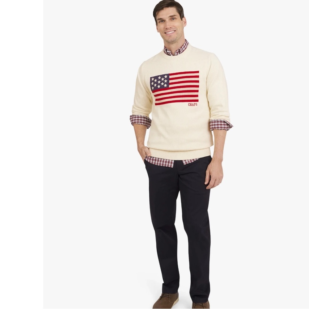Chaps Men’s Ivory Sweater with Flag Design 100% cotton NEW - Picture 2 of 8